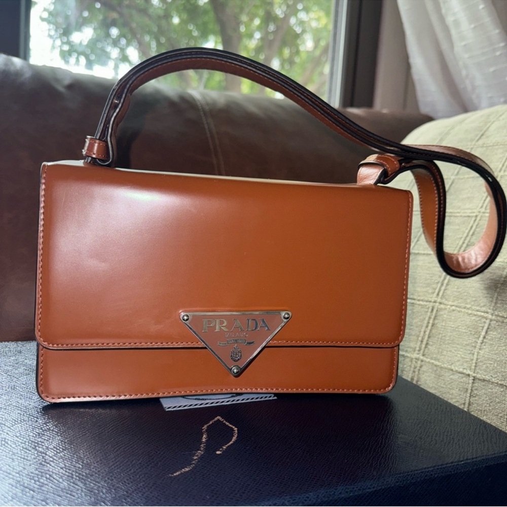 Prada Tan Leather Shoulder Bag with Structured Design